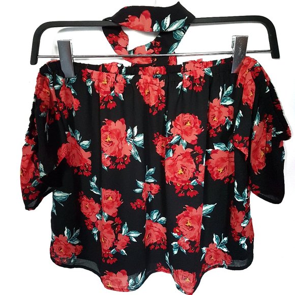 Forever 21 Black/Red Floral Off-Shoulder Top - S - Picture 7 of 11